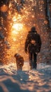 Snowy pet walk Dogs and owners bonding in a winter wonderland