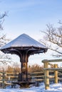 Snowy Photo of the Park on a Sunny Winter day - Wooden Footpath in the Middle of it, Concept of the Harmony and Travel Royalty Free Stock Photo