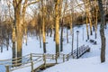 Snowy Photo of the Park on a Sunny Winter day - Wooden Footpath in the Middle of it, Concept of the Harmony and Travel Royalty Free Stock Photo