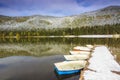 Snowy pier and boats on the lake,St Ana lake,Transylvania,Romania Royalty Free Stock Photo