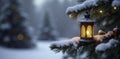 Snowy pine branch topped with a shimmering lantern, lanterns, berry clusters, snowy branches Royalty Free Stock Photo
