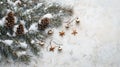snowy pine branches with tiny bells and wooden stars . Royalty Free Stock Photo