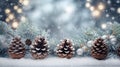 Snowy pine cones, fir branch and lights at Christmas. Generative AI Royalty Free Stock Photo