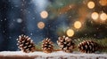 Snowy pine cones, fir branch and lights at Christmas. Generative AI Royalty Free Stock Photo