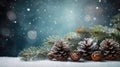 Snowy pine cones, fir branch and lights at Christmas. Generative AI Royalty Free Stock Photo