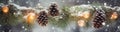 Snowy pine cones, fir branch and lights at Christmas. Generative AI Royalty Free Stock Photo
