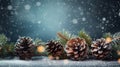 Snowy pine cones, fir branch and lights at Christmas. Generative AI Royalty Free Stock Photo