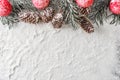 Snowy pine cones and red globes on a snow background