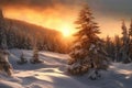 snowy pine tree landscape during golden hour Royalty Free Stock Photo