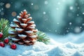 Snowy pinecone with red ornaments on snow Royalty Free Stock Photo