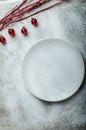 Snowy plate, Christmas decorations Royalty Free Stock Photo