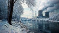 Snowy Power Landscape: Smokestacks Piercing Winter Scene, generative ai Royalty Free Stock Photo