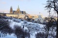 Snowy Prague gothic Castle in the sunny Day, Czech Republic Royalty Free Stock Photo