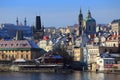 Snowy Prague Lesser Town above River Vltava in the sunny Day, Czech Republic