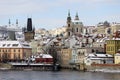 Sunny snowy Prague Lesser Town with St. Nicholas` Cathedral, Czech republic