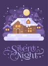 Snowy purple winter village landscape with a house. Silent Night Christmas flat illustration greeting card Royalty Free Stock Photo