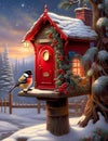 A snowy red american mailbox in a dreamy winter village, a robin sit on it, pinecones