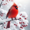 Snowy Red Cardinal Bird Perched on a Snow-Covered Branch Royalty Free Stock Photo