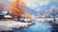 Snowy River Painting: Orange And Azure Landscape Artwork