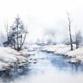 Snowy River And Trees: A Dreamlike Watercolor Landscape Royalty Free Stock Photo