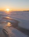 On the snowy riverbank landscape. Winter snow scene. Winter river in snow Royalty Free Stock Photo