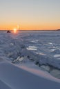 On the snowy riverbank landscape. Winter snow scene. Winter river in snow Royalty Free Stock Photo