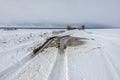 Snowy road in a field leading to pine forest. Winter road to nowhere in sunny day, snow-covered fresh car track. Car Royalty Free Stock Photo