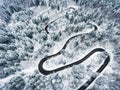 Snowy road in the forest. Extreme winding road high up in the mo