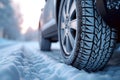 Snowy road journey car tires covered with snow in winter