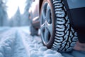 Snowy road journey car tires covered with snow in winter