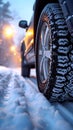 Snowy road journey car tires covered with snow in winter