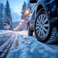 Snowy road journey car tires covered with snow in winter Royalty Free Stock Photo