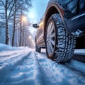 Snowy road journey car tires covered with snow in winter