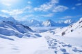 Snowy road between majestic mountains. Isolated frosty mountain pass. Stones covered with snow. Winter landscape