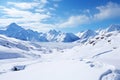 Snowy road between majestic mountains. Isolated frosty mountain pass. Stones covered with snow. Winter landscape