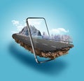 3d illustration of snowy road with mobile phone isolated. Creative smart phone snow road.