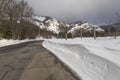 Snowy road in Rocca d\'Aveto, province of Genoa, Italy Royalty Free Stock Photo