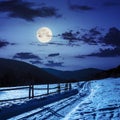 Snowy road to coniferous forest in mountains in moon light Royalty Free Stock Photo