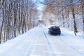 Snowy road in winter forest with single car Royalty Free Stock Photo