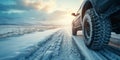 Snowy Road With Winter Tires, Navigating Icy Conditions And Ensuring Safety, Copy Space Royalty Free Stock Photo