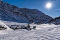 Snowy roofs in an alpine village