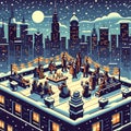 Snowy Rooftop Party Create a unique wallpaper featuring a rooftop party with a backdrop of snowy city lights and a winter skyline. Royalty Free Stock Photo