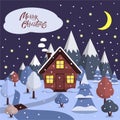 Snowy scene with farm winter home cozy house, mountainÃâ¹, snow-covered trees, stars, moon and smoke from chimney Royalty Free Stock Photo