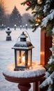 A Snowy Scene Featuring A Lantern Casting A Warm Glow On Nearby Glistening Ornament. Generative AI