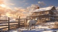 Snowy Scene With A Sheep In Front Of A House