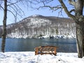 Snowy Scene Wooden Bench Overlooking Hessian Lake Bear Mountain New York