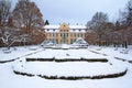 Snowy scenery of Abbots' Palace in Oliwa