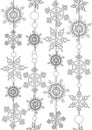 Snowy seamless pattern or coloring page with snowflakes as a texture for christmas, outline vector stock illustration with