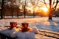 Snowy Serenity. Teacups Blanketed in Snow on a Table Illuminated by the Setting Sun