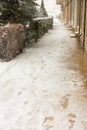 Snowy sidewalk town of Pomorie, Bulgaria, 31 december